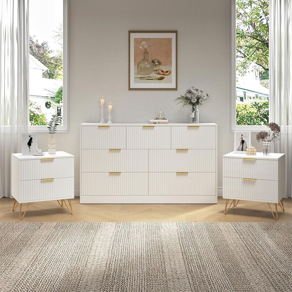 Drawer Dresser White - 3-Piece Bedroom Set with 2-Drawer Nightstand