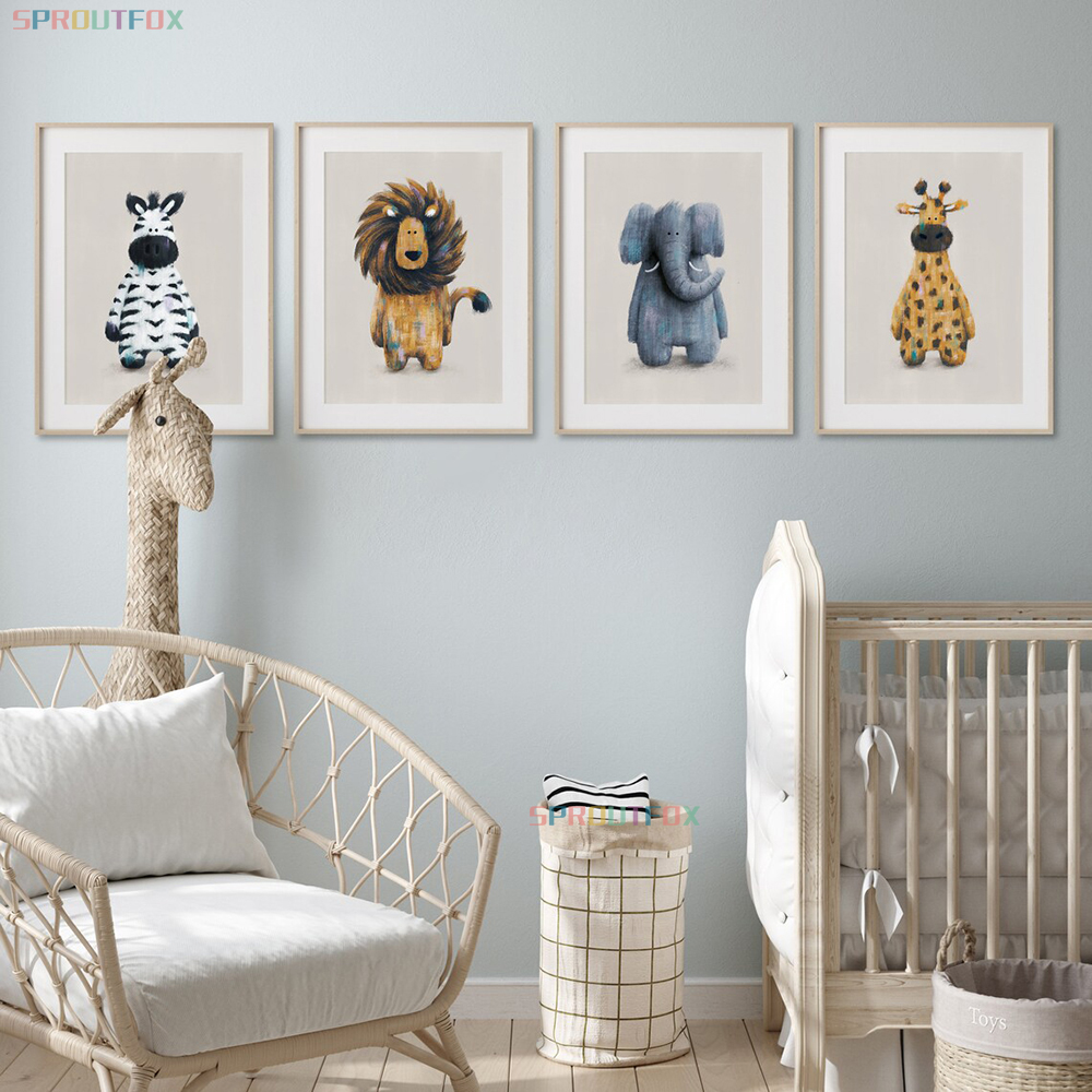 Baby Nursery Giraffe - Giraffe, Lions, Elephant Canvas Wall Art,