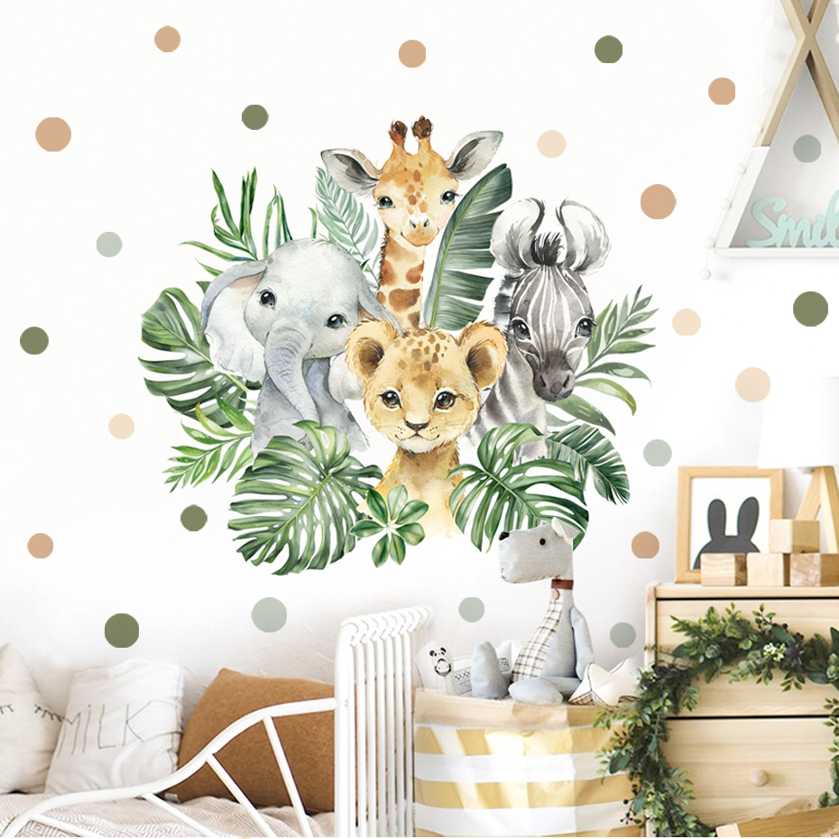 Baby Nursery Giraffe - Cartoon Jungle Animals Leaves Watercolor Vinyl