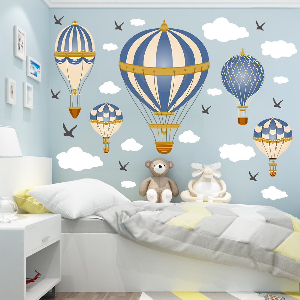 Baby Nursery Wall Decals - Cartoon Hot Air Balloon Clouds Seagull