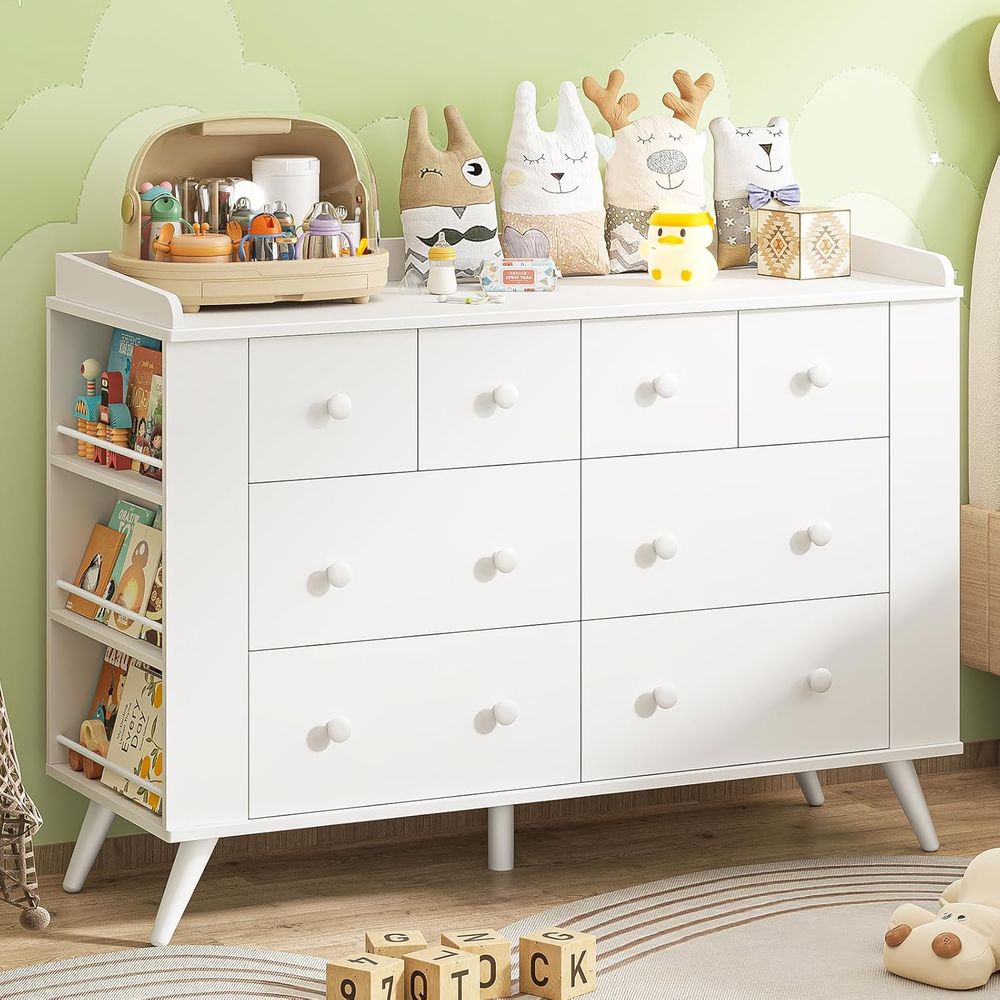 Drawer Dresser White - Children's 8-Drawer Dresser, Nursery with Changing