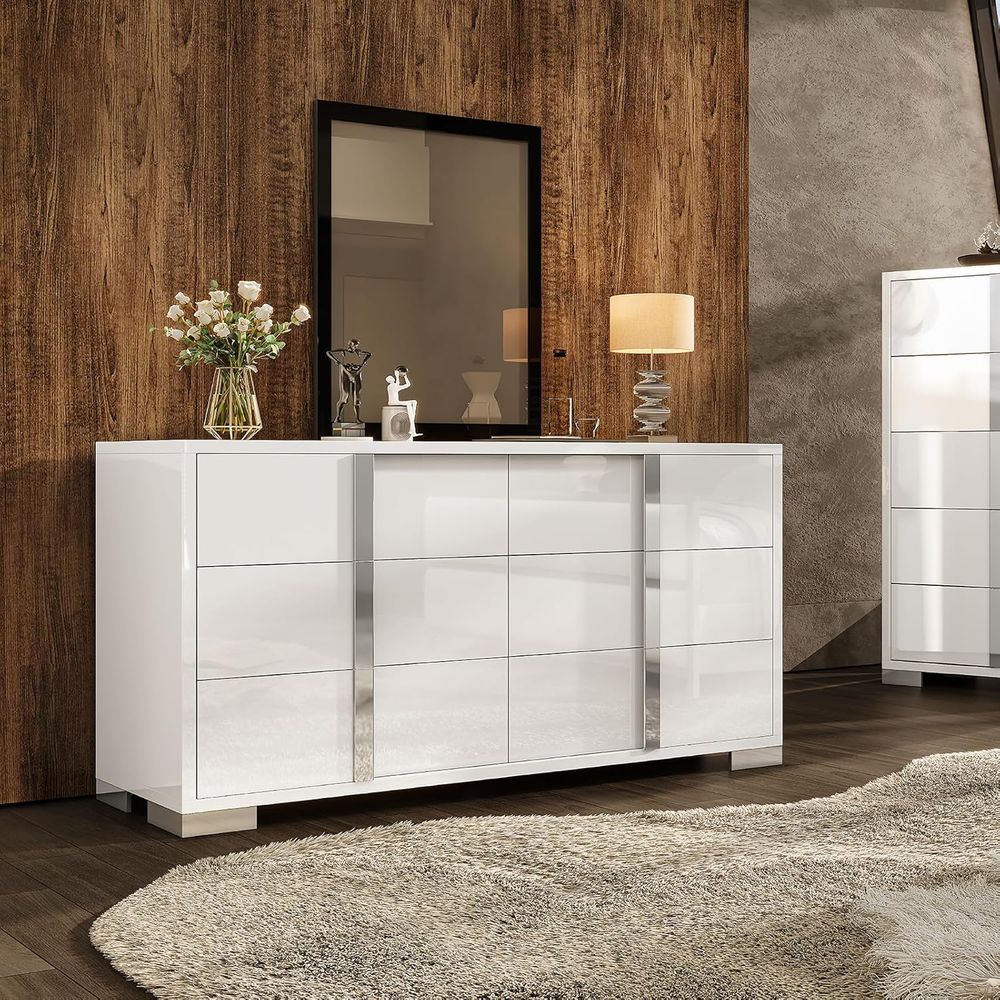 Drawer Dresser White - White High Gloss 6 Drawer Dresser
