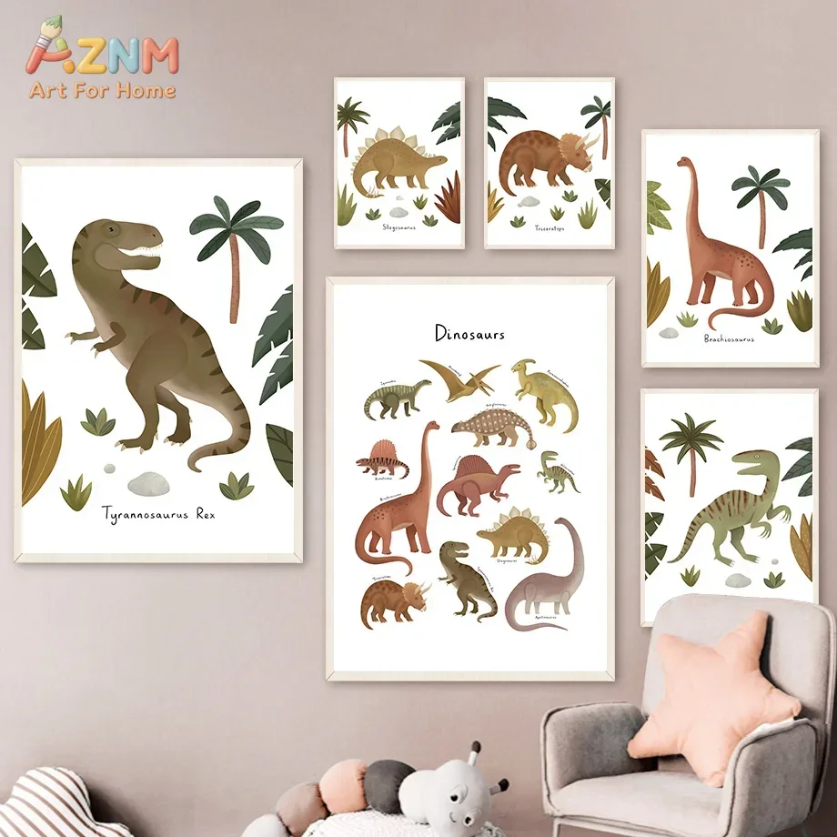 Baby Nursery Prints - Dinosaur Tyrannosaurus Rex Triceratops Tree Cartoon