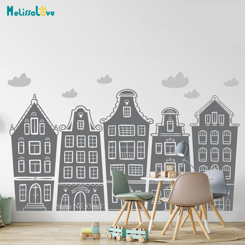 Baby Nursery Wall Decals - Scandinavian Houses & Clouds Decal Nursery