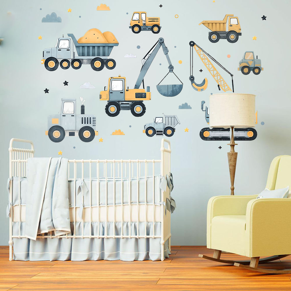 Cartoon Excavator Vehicles Set - đánh giá và giá Baby Nursery Wall Decals