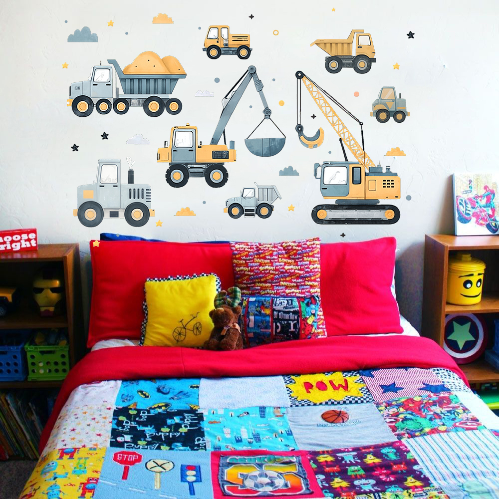 Cartoon Excavator Vehicles Set - đánh giá và giá Baby Nursery Wall Decals