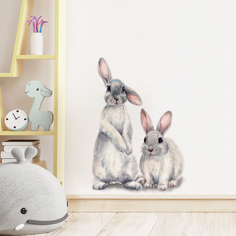 Watercolor Grey Baby Rabbits F - đánh giá và giá Baby Nursery Wallpaper Girl
