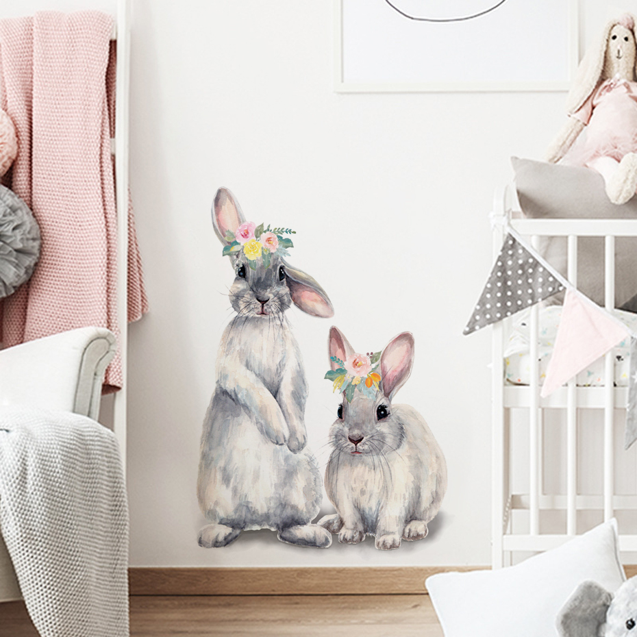 Watercolor Grey Baby Rabbits F - đánh giá và giá Baby Nursery Wallpaper Girl