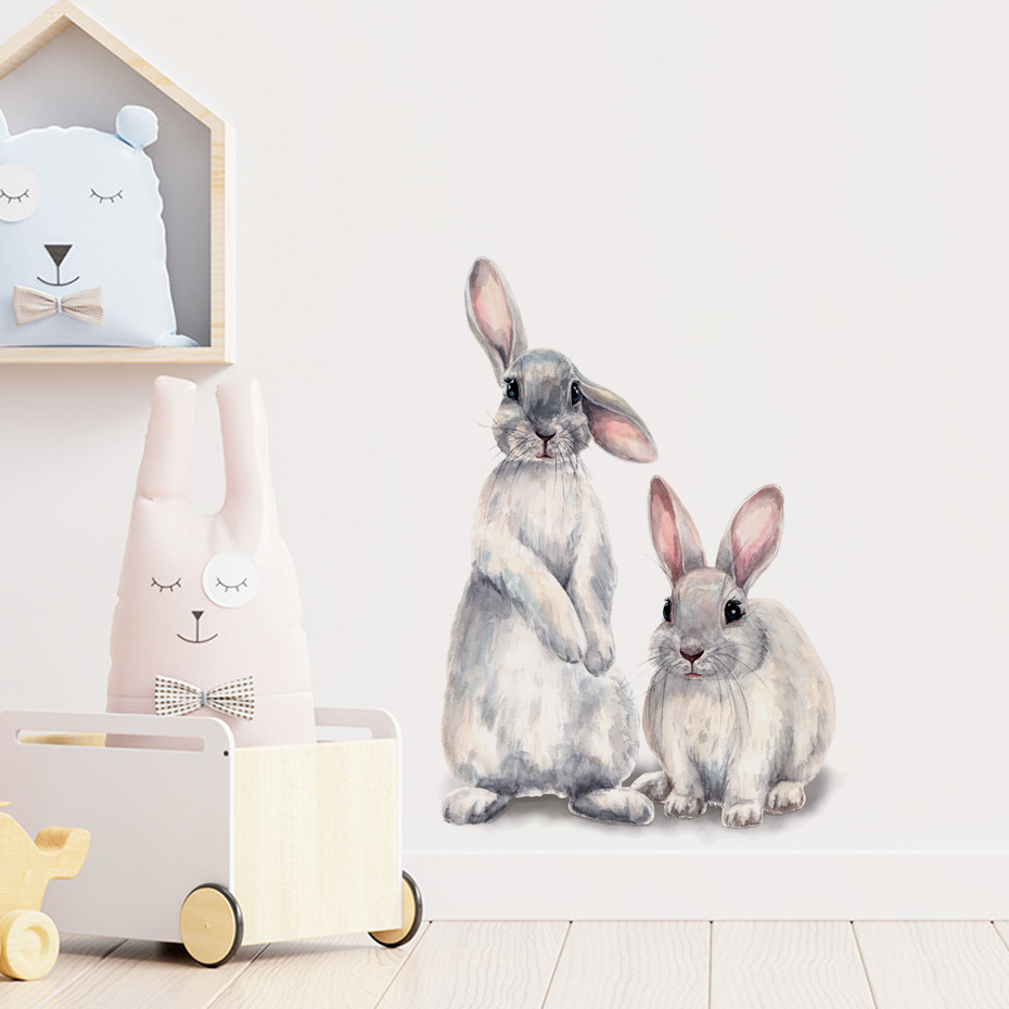 Watercolor Grey Baby Rabbits F - đánh giá và giá Baby Nursery Wallpaper Girl