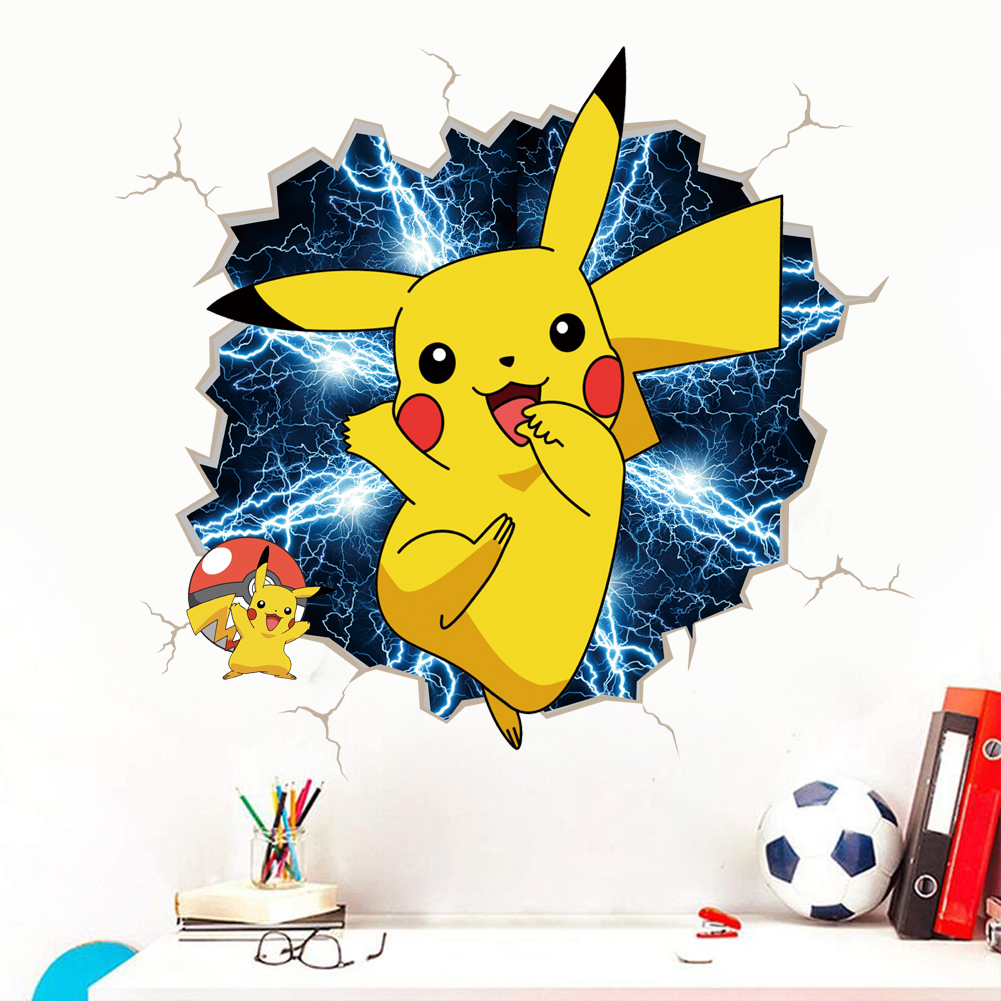 3D Broken Wall Cartoon Pikachu - đánh giá và giá Baby Nursery Wall Decals