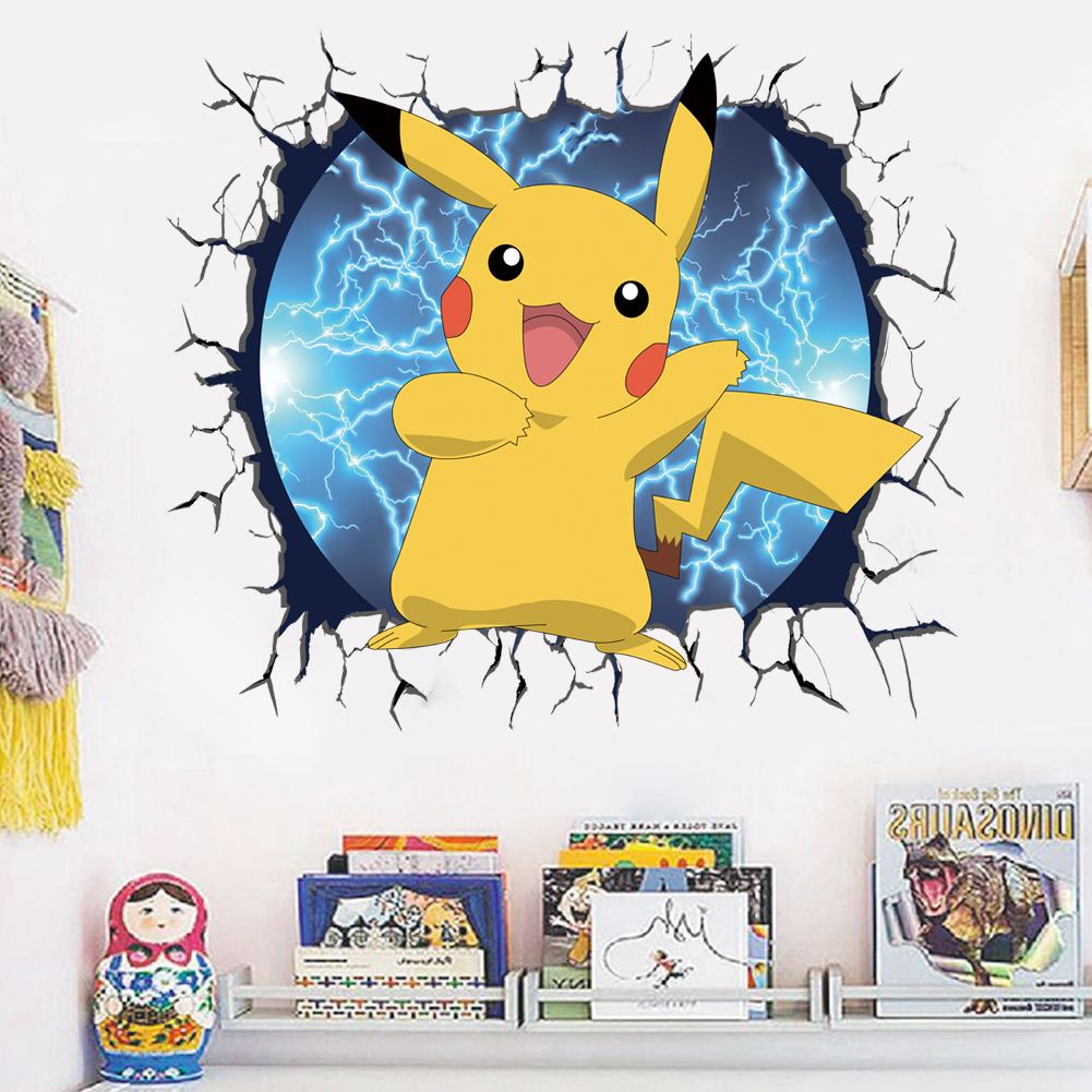 3D Broken Wall Cartoon Pikachu - đánh giá và giá Baby Nursery Wall Decals