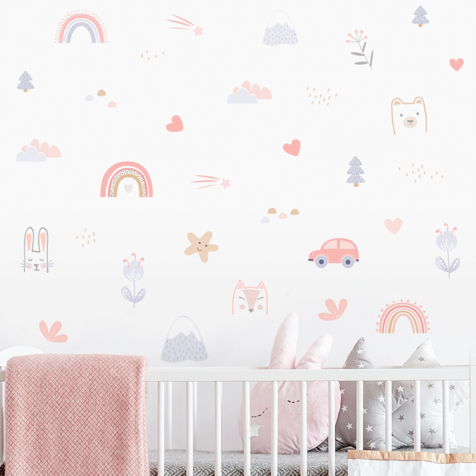 Cartoon Rainbow Animals Faces  - đánh giá và giá Baby Nursery Wall Decals