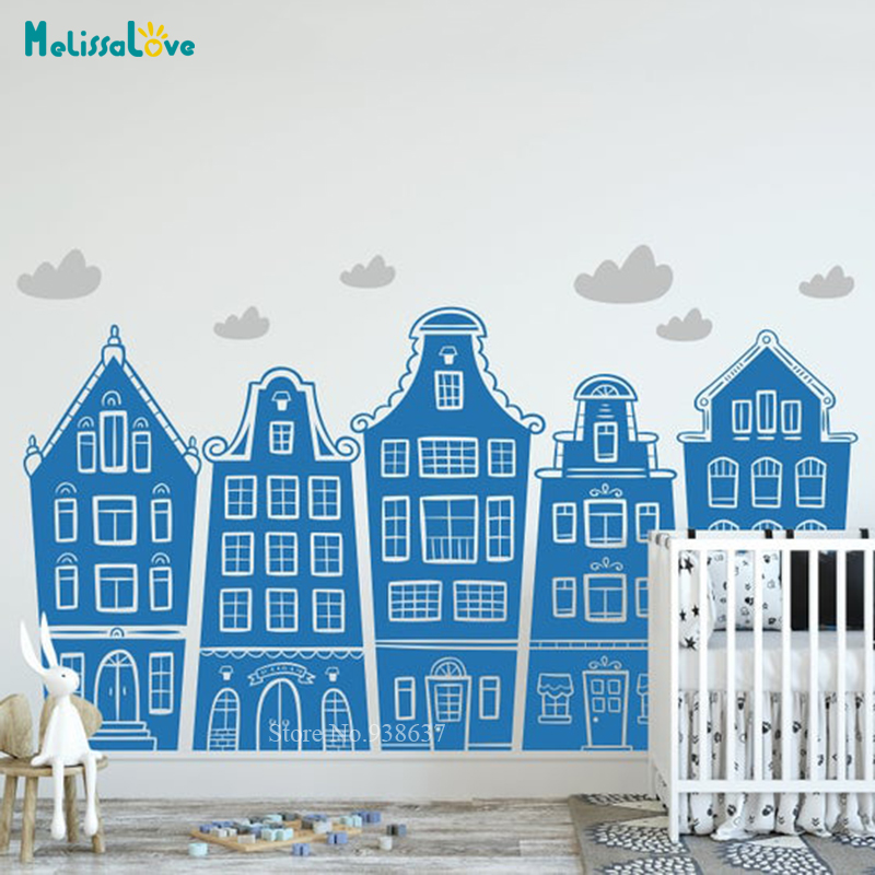 Scandinavian Houses & Clouds D - đánh giá và giá Baby Nursery Wall Decals