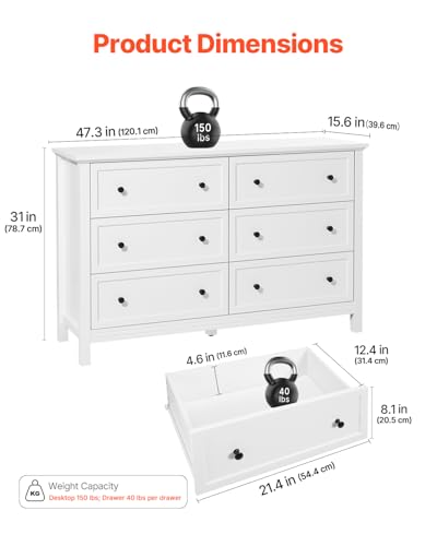 6 Drawer White Wooden Dresser  - đánh giá và giá Drawer Dresser White