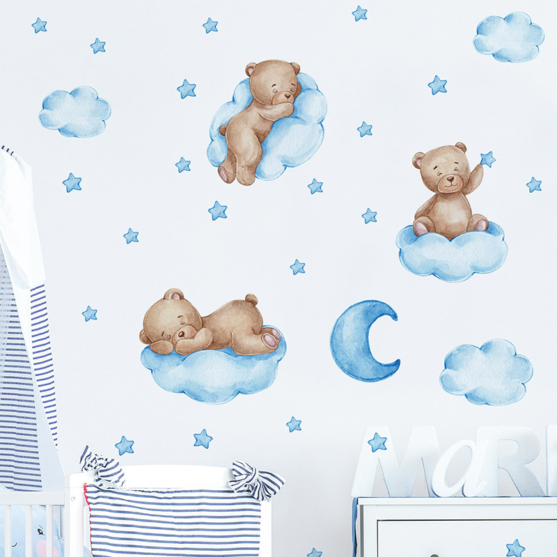 Cartoon Blue Teddy Bear Moon W - đánh giá và giá Baby Nursery Wallpaper Girl