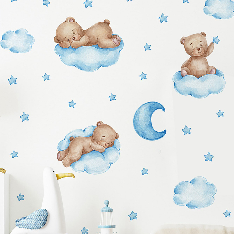 Cartoon Blue Teddy Bear Moon W - đánh giá và giá Baby Nursery Wallpaper Girl