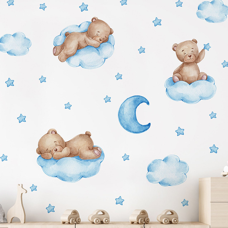 Cartoon Blue Teddy Bear Moon W - đánh giá và giá Baby Nursery Wallpaper Girl